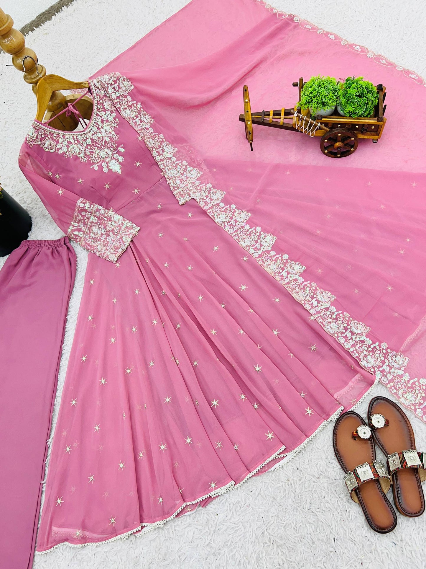 Pink heavy blooming faux embroidered anarkali three piece set