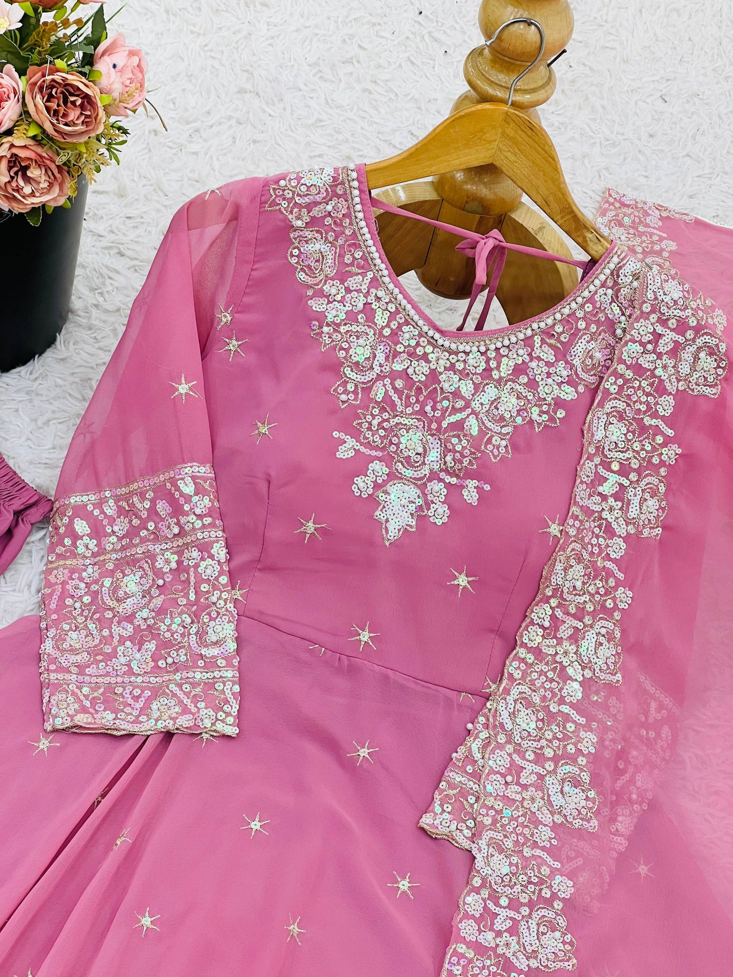 Pink heavy blooming faux embroidered anarkali three piece set