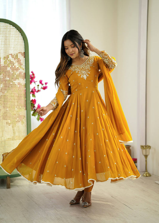 Yellow heavy blooming faux embroidered anarkali three piece set