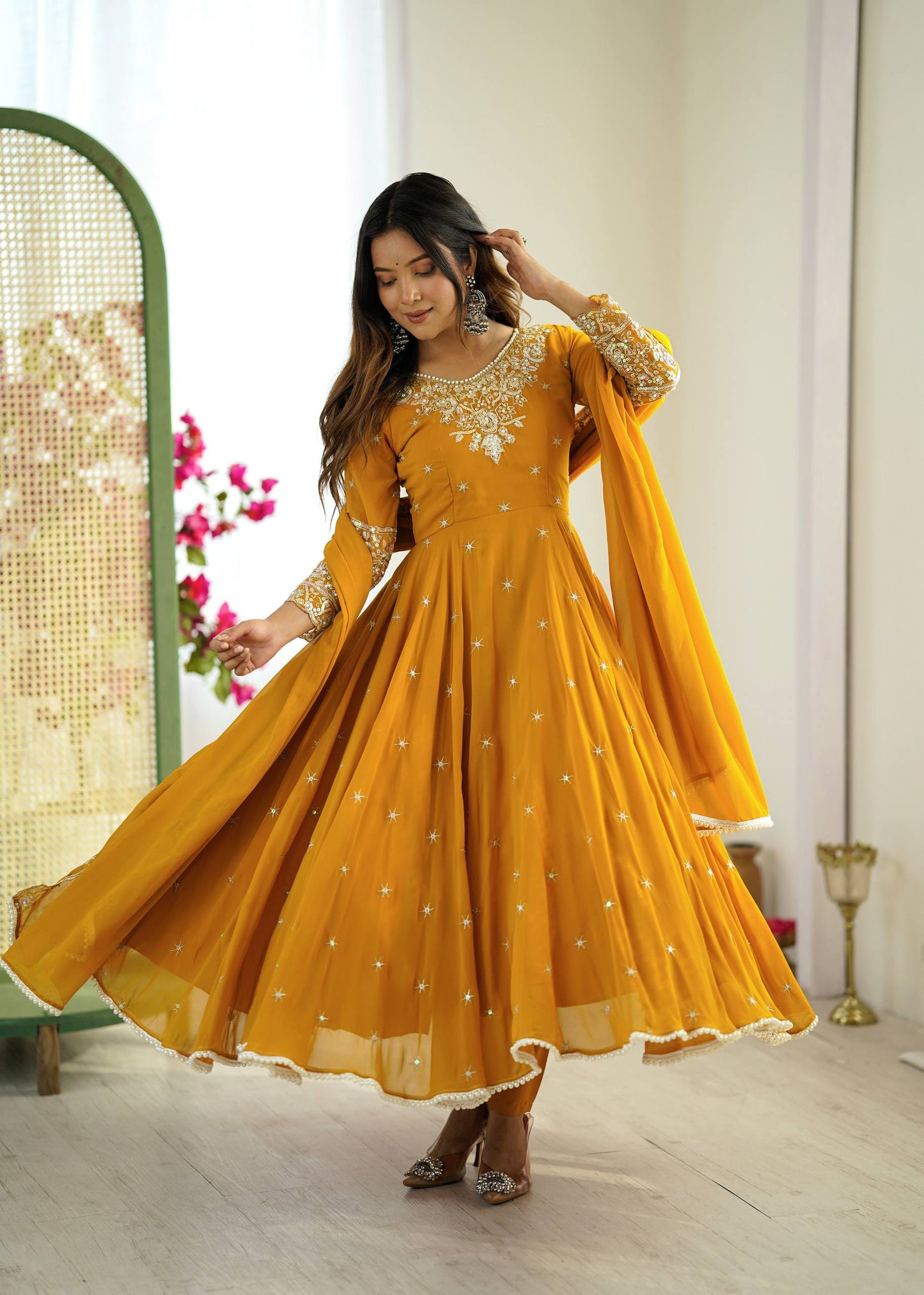 Yellow heavy blooming faux embroidered anarkali three piece set