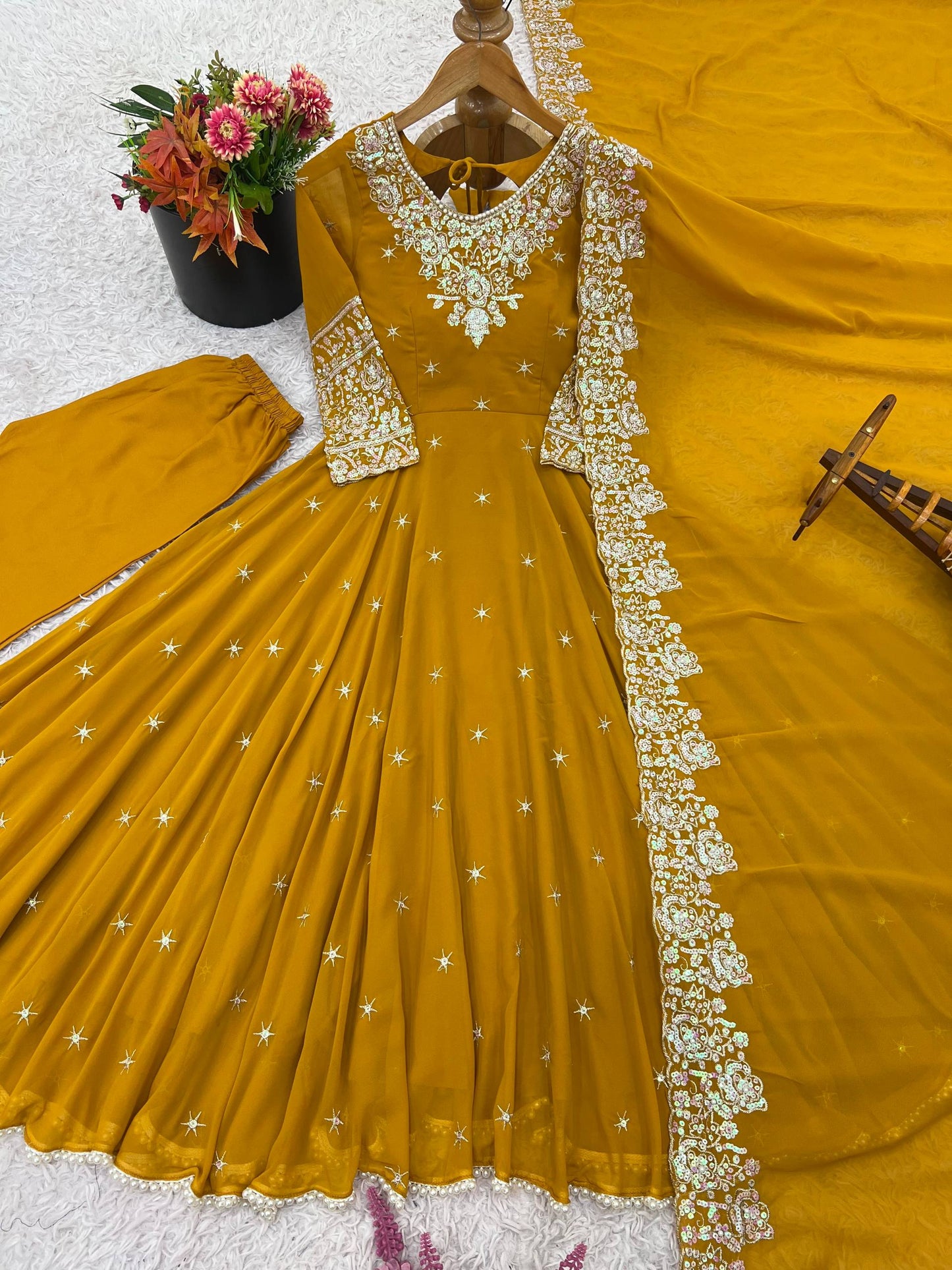 Yellow heavy blooming faux embroidered anarkali three piece set