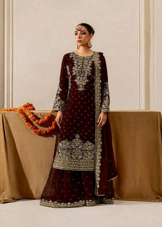 Brown viscose velvet with top bottom and dupatta set