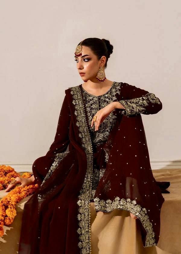 Brown viscose velvet with top bottom and dupatta set