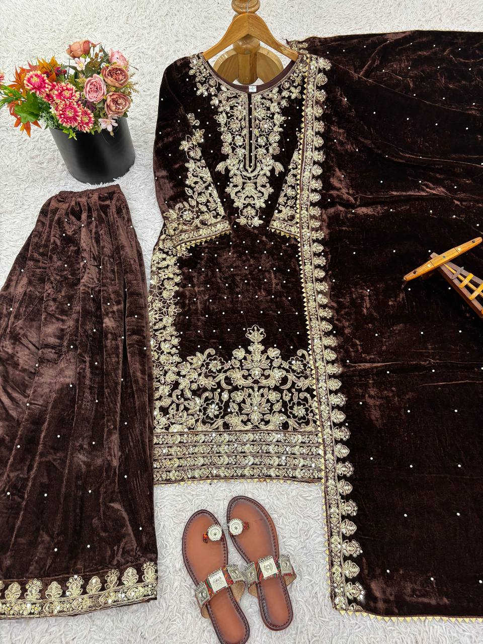 Brown viscose velvet with top bottom and dupatta set