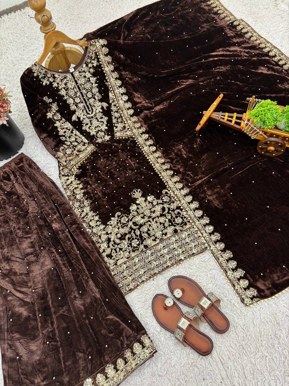 Brown viscose velvet with top bottom and dupatta set