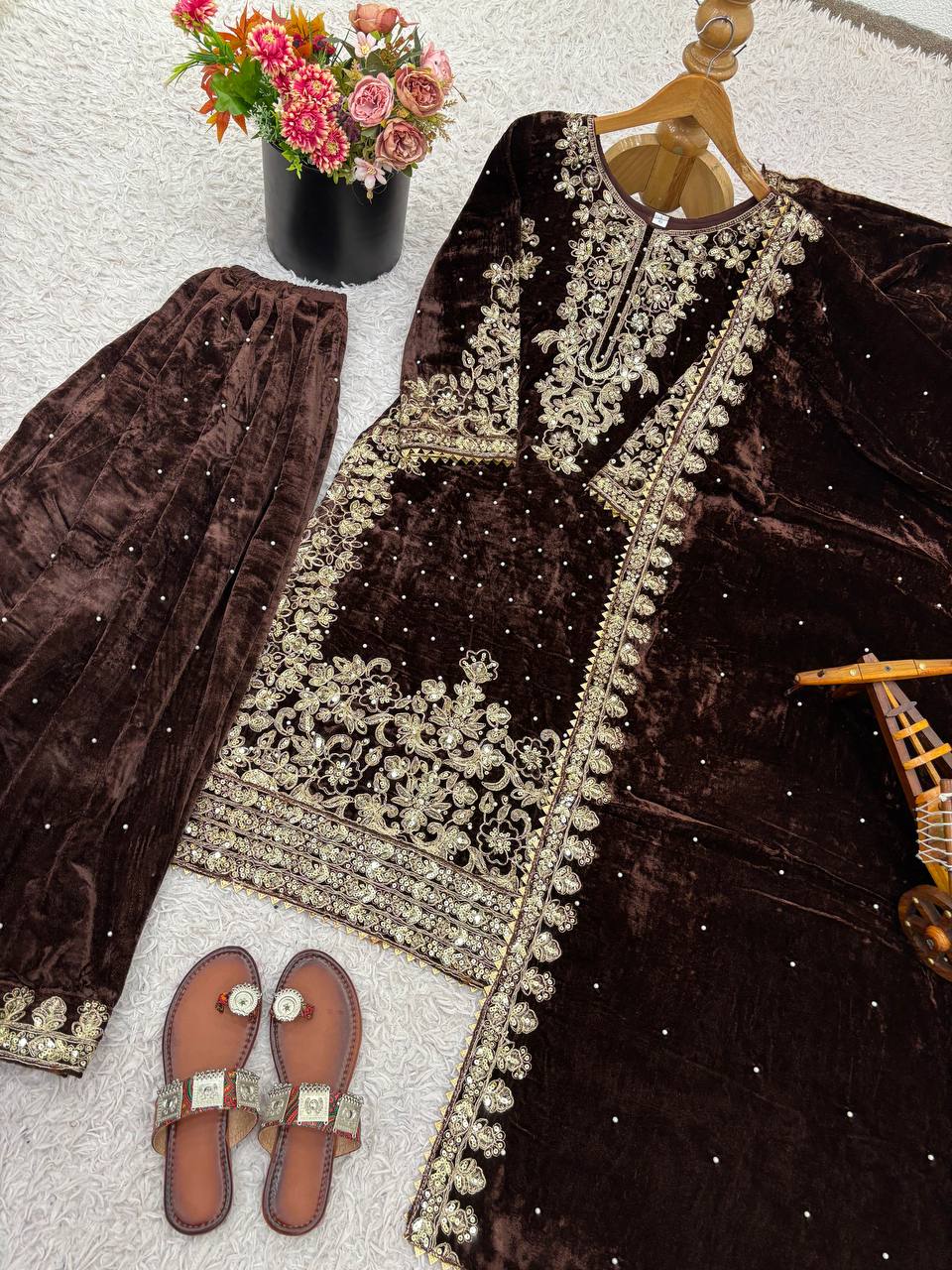 Brown viscose velvet with top bottom and dupatta set