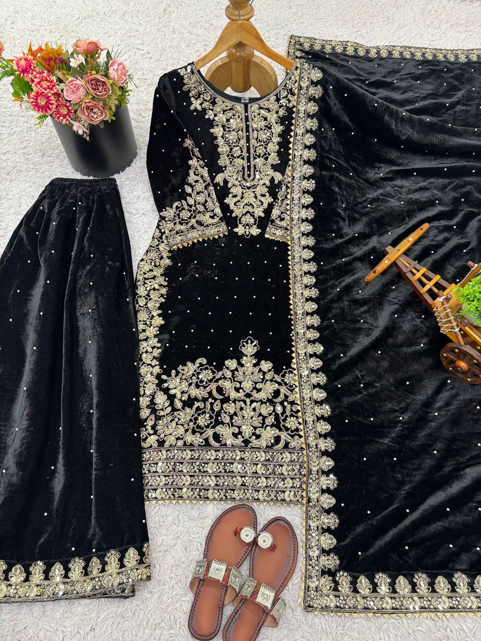 Black viscose velvet with top bottom and dupatta set