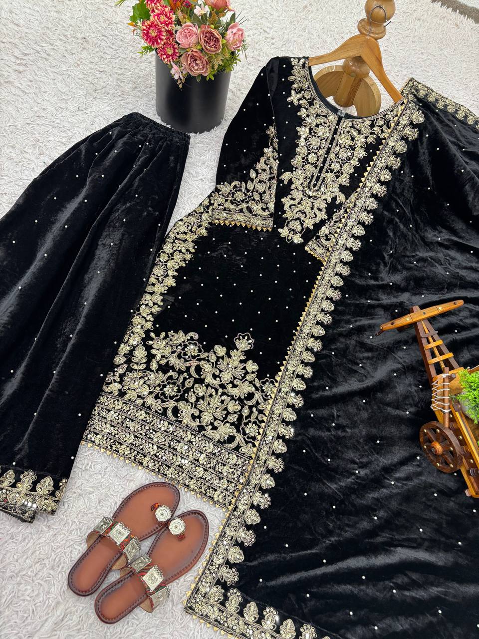 Black viscose velvet with top bottom and dupatta set