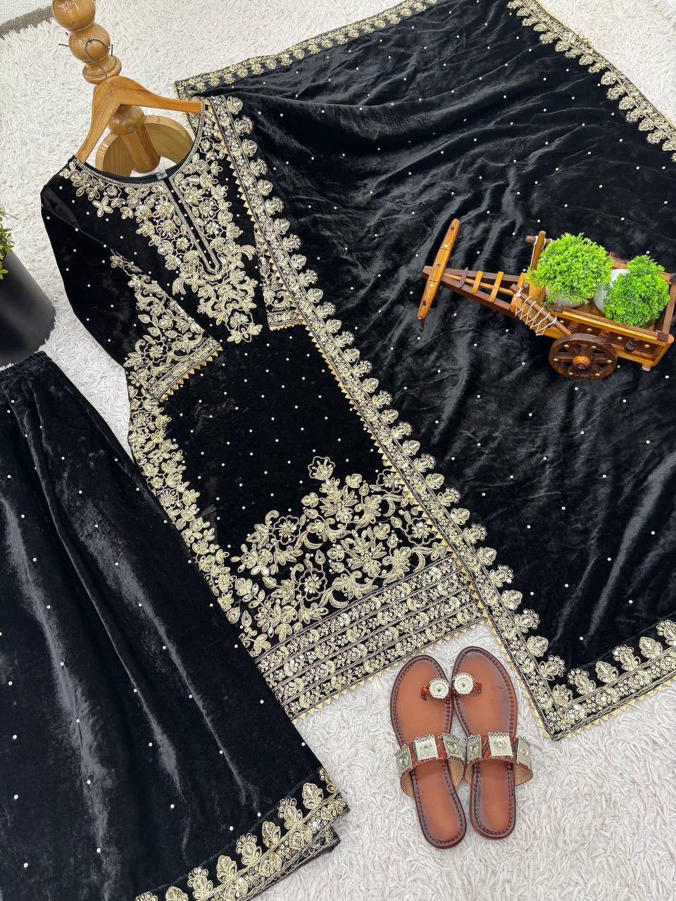 Black viscose velvet with top bottom and dupatta set