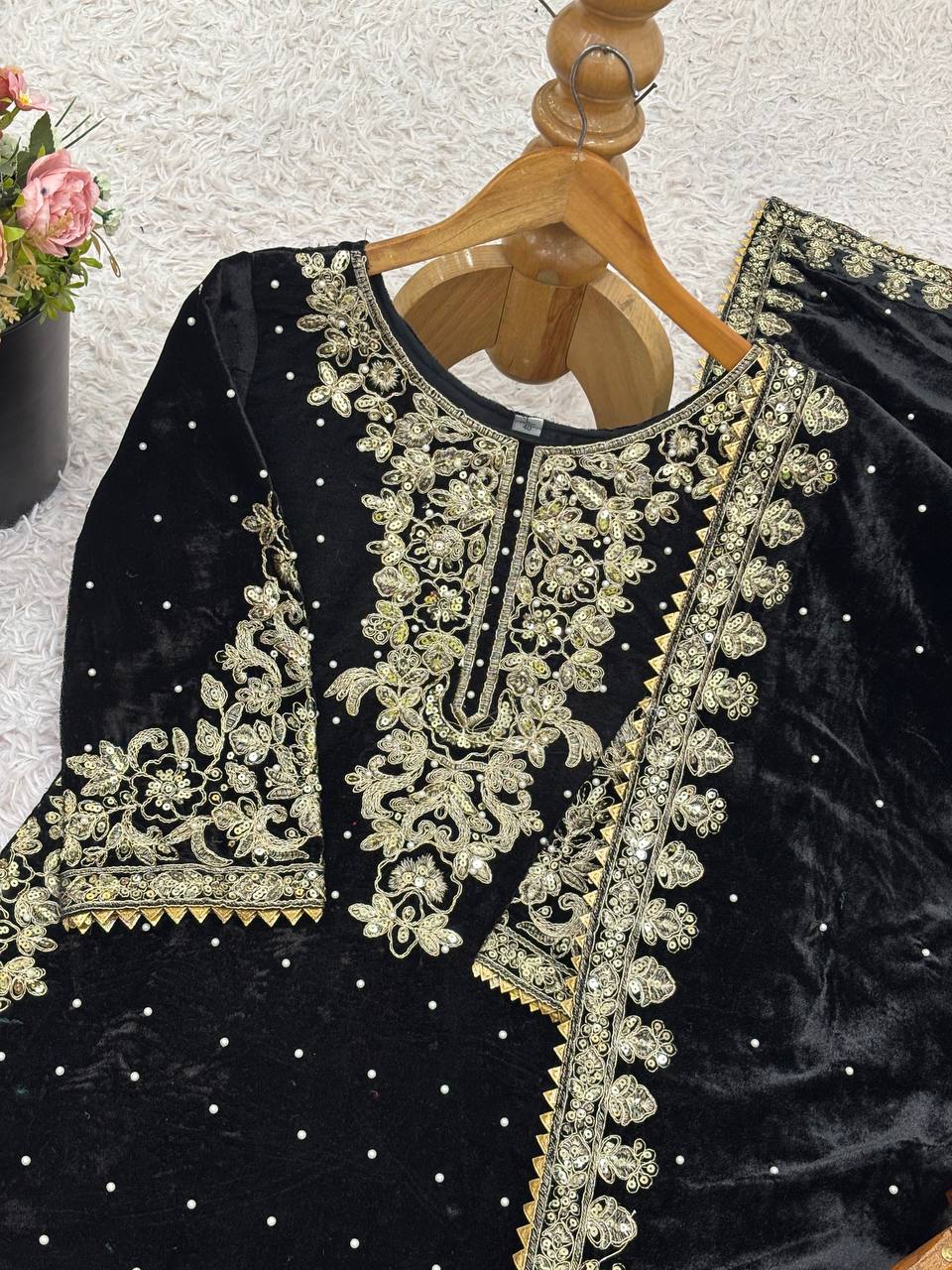Black viscose velvet with top bottom and dupatta set