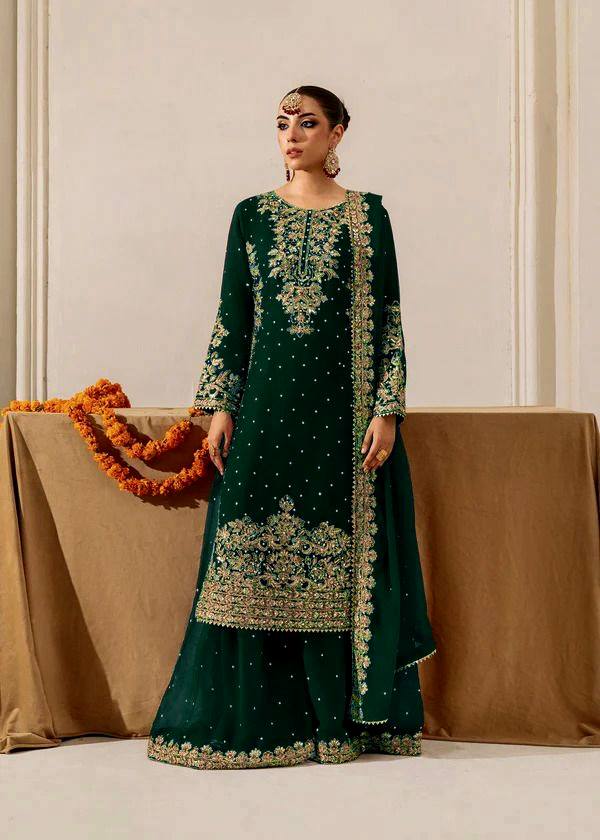 Dark Green viscose velvet with top bottom and dupatta set