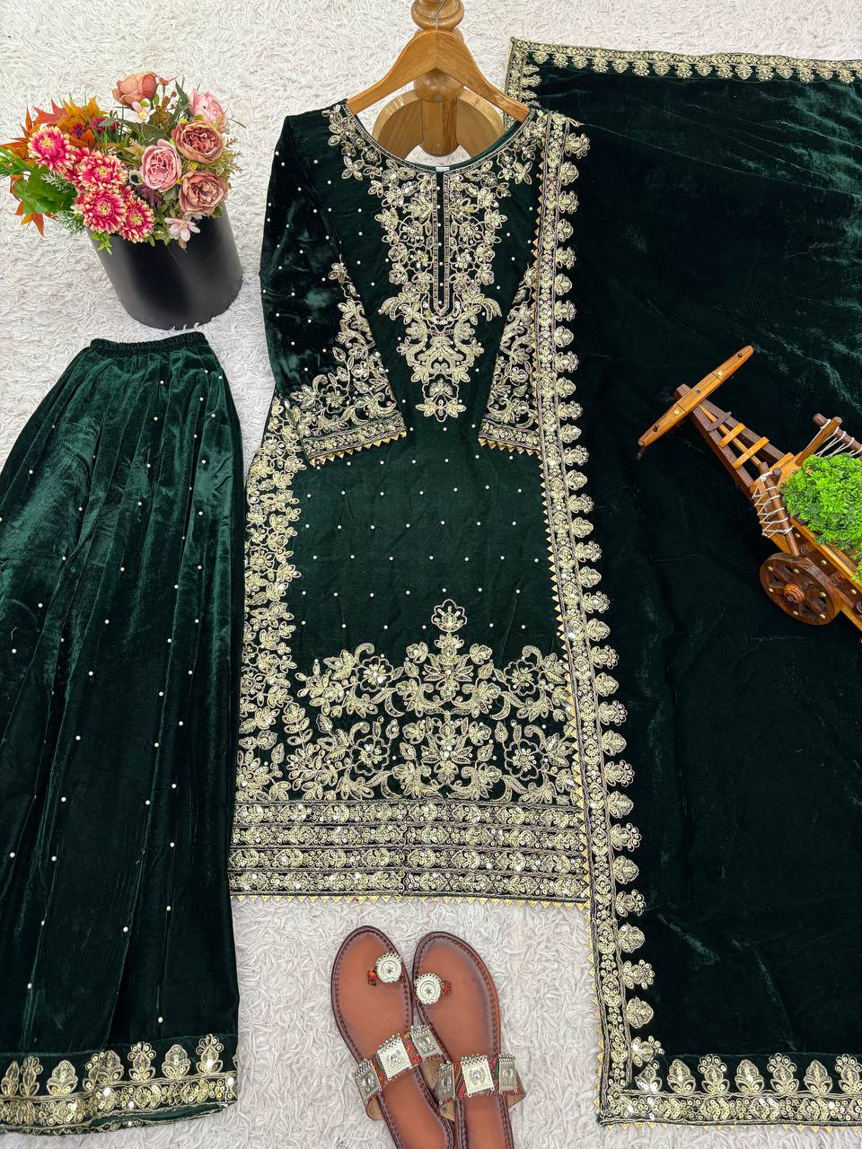 Dark Green viscose velvet with top bottom and dupatta set