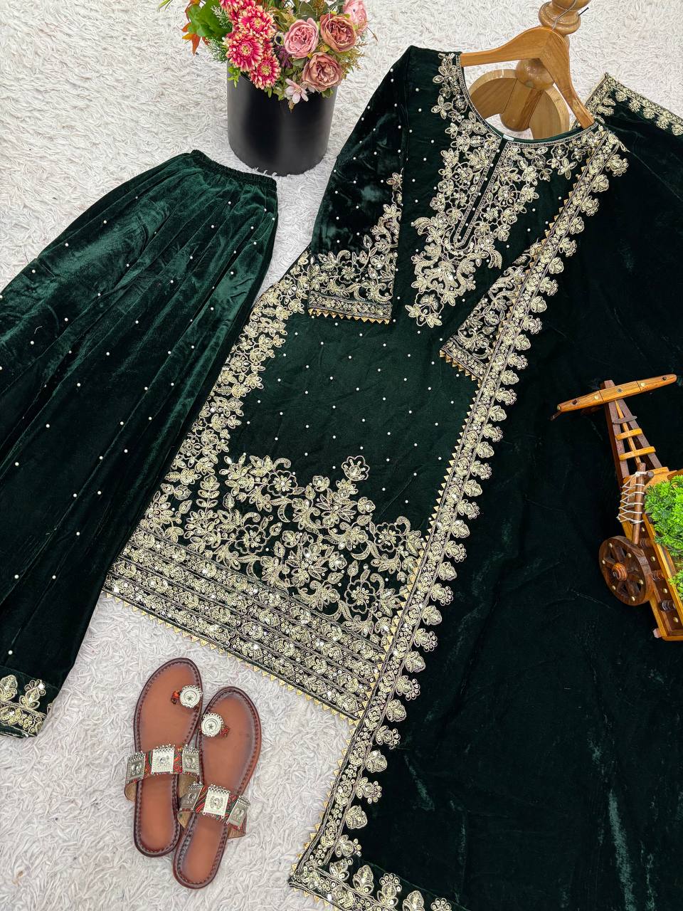 Dark Green viscose velvet with top bottom and dupatta set