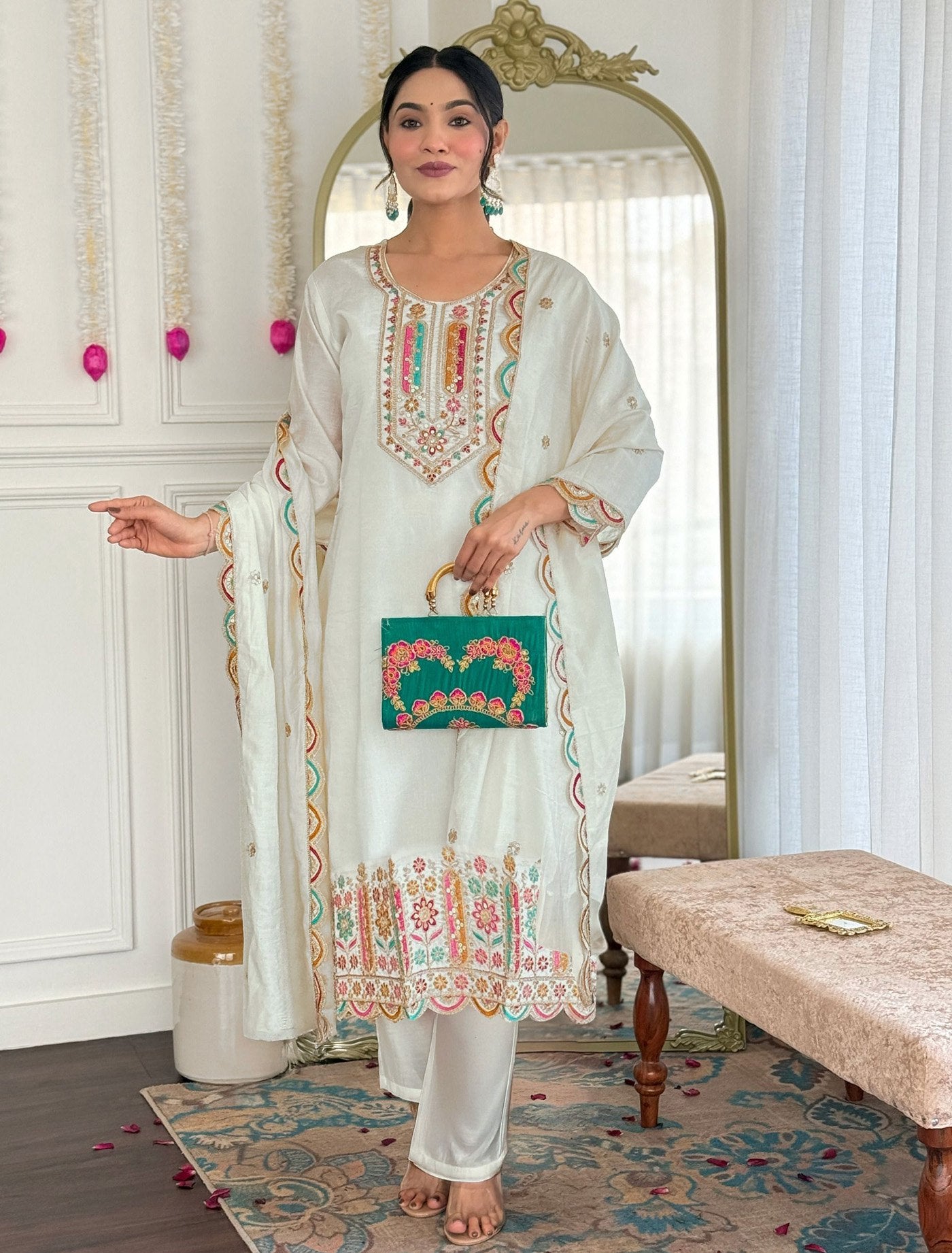 White tesla embroidered work women’s kurta pent dupatta set