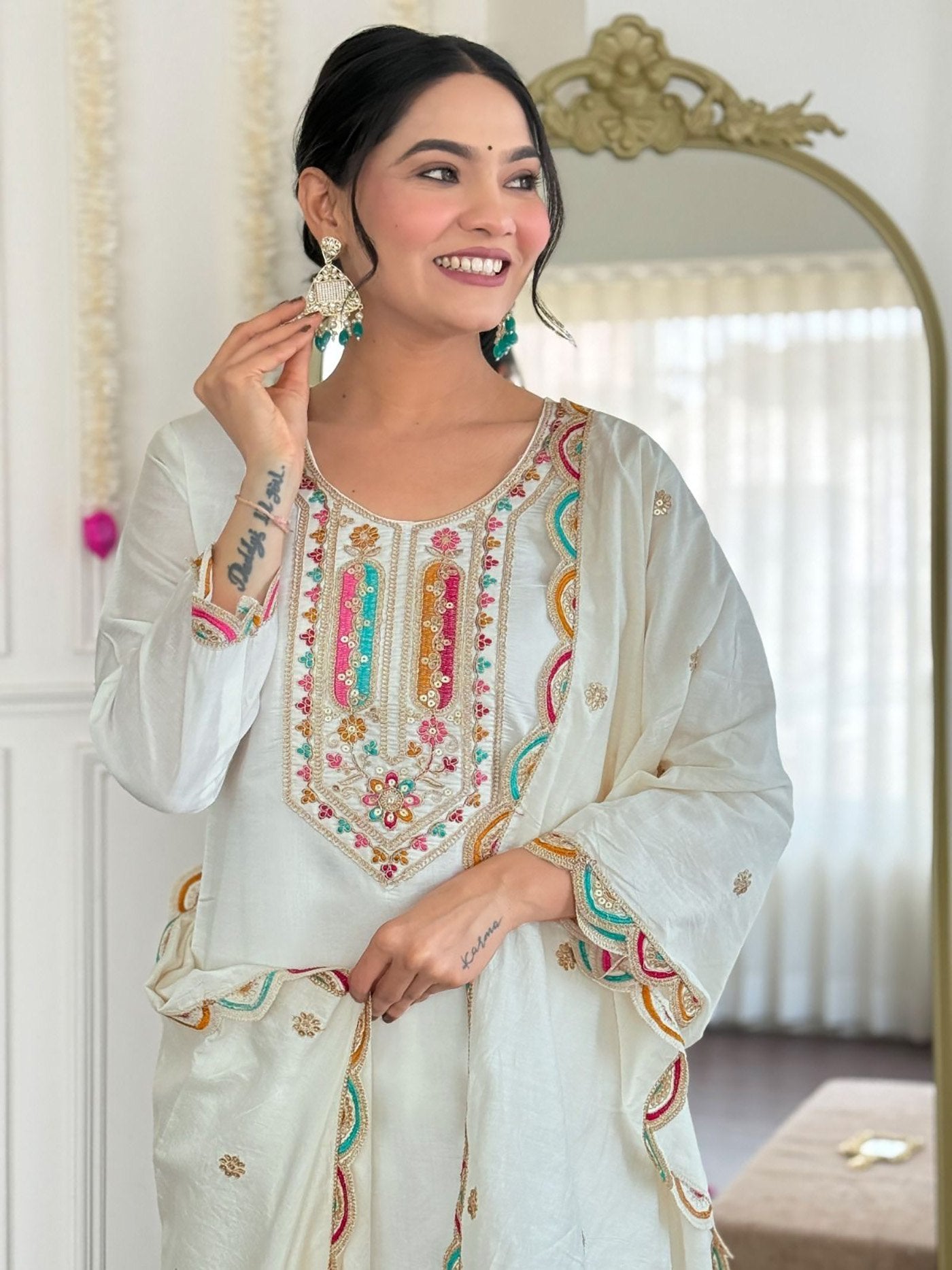 White tesla embroidered work women’s kurta pent dupatta set