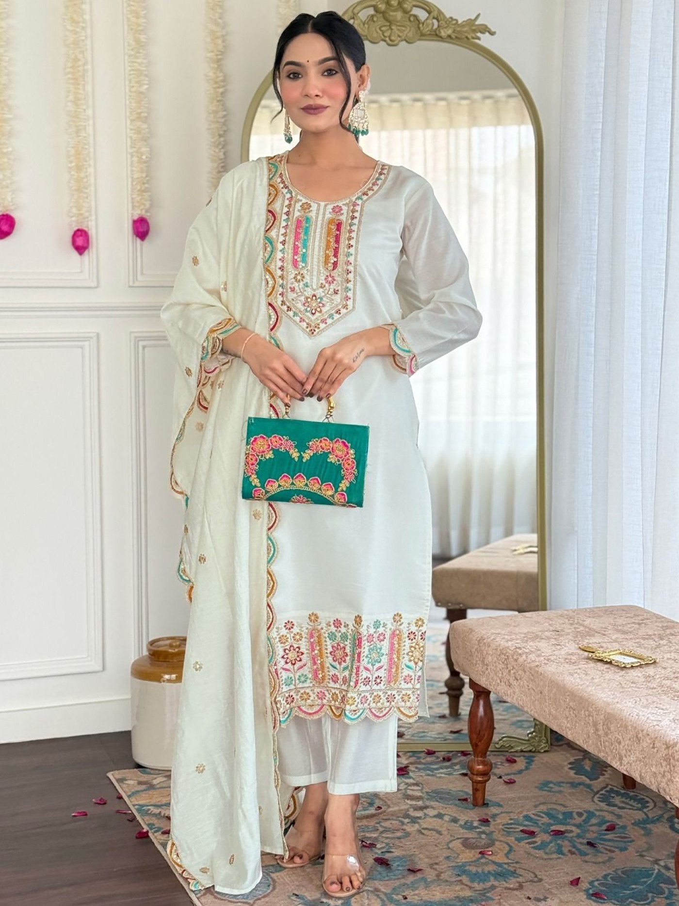 White Rinkal Fabric Kurta Pant Dupatta Set for Festive Occasions