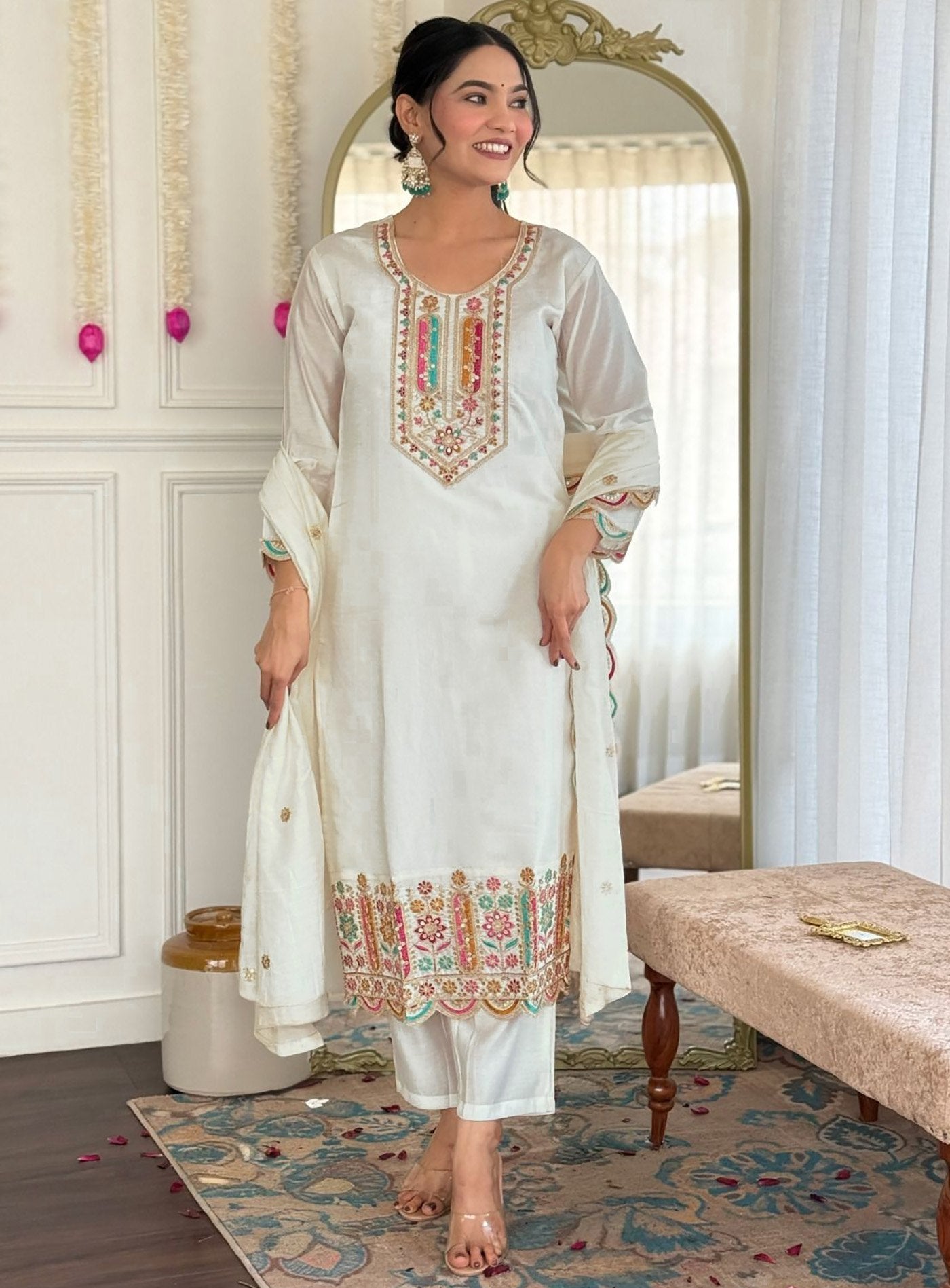 White Rinkal Fabric Kurta Pant Dupatta Set for Festive Occasions