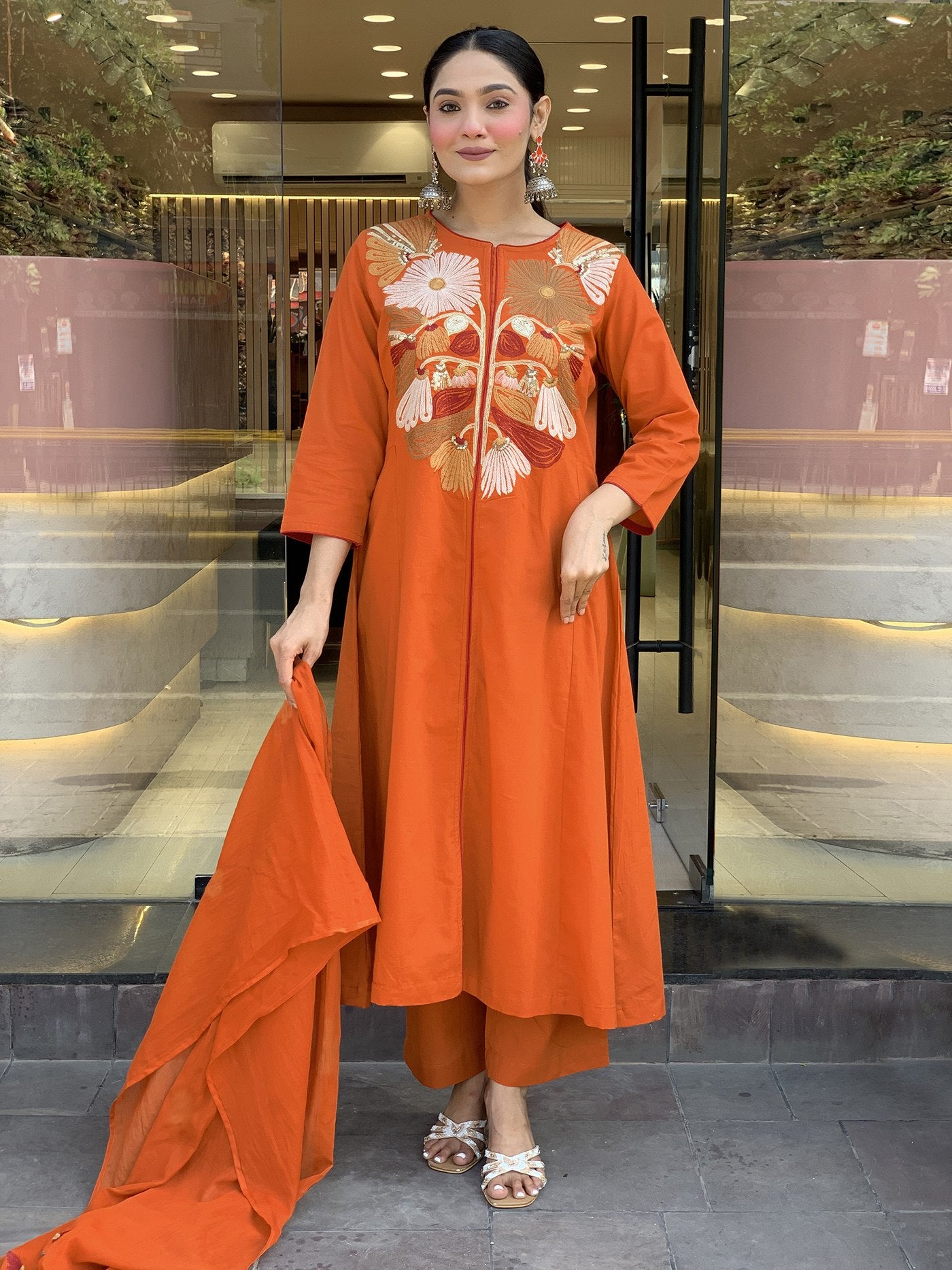 Orange tesla embroidered work women’s anarkali palazzo dupatta set