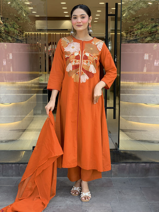 Orange tesla embroidered work women’s anarkali palazzo dupatta set