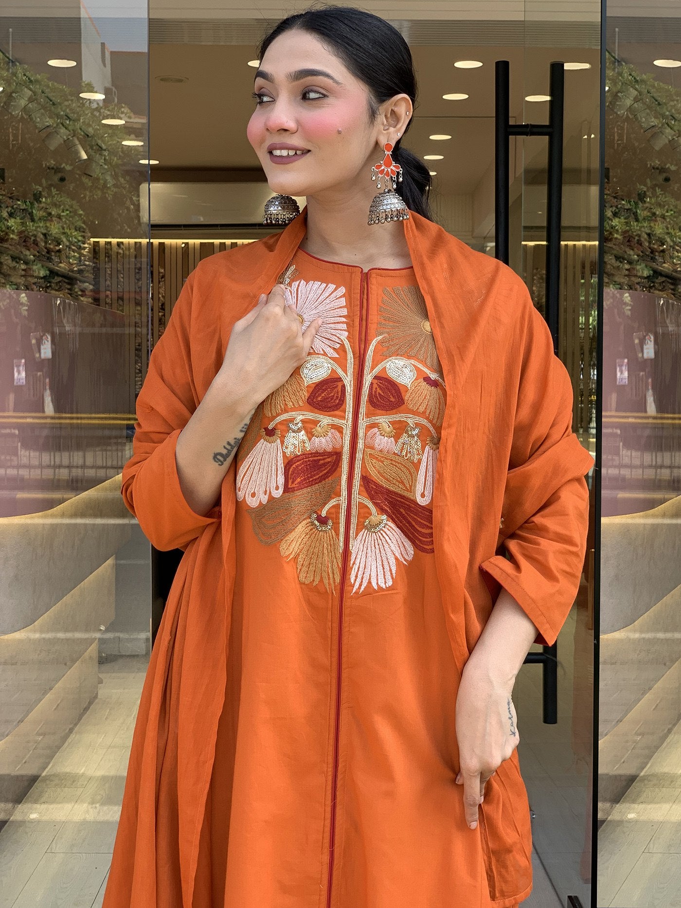 Orange tesla embroidered work women’s anarkali palazzo dupatta set