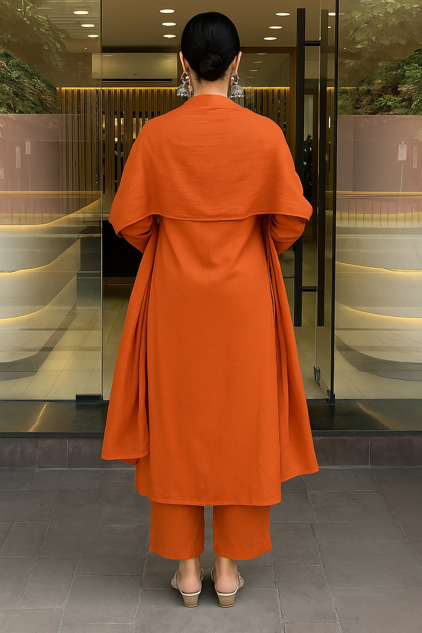 Elegant Orange Anarkali Plazzo Dupatta Set for Festive Mrugna Style