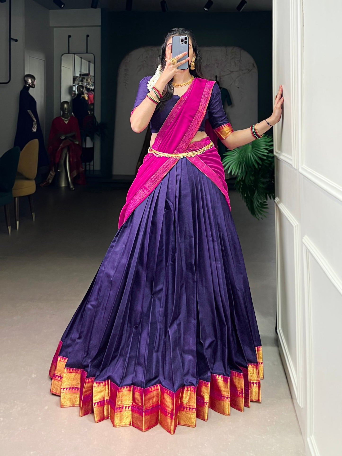 Navy blue poly cotton zari weaving work lehenga, blouse and dupatta