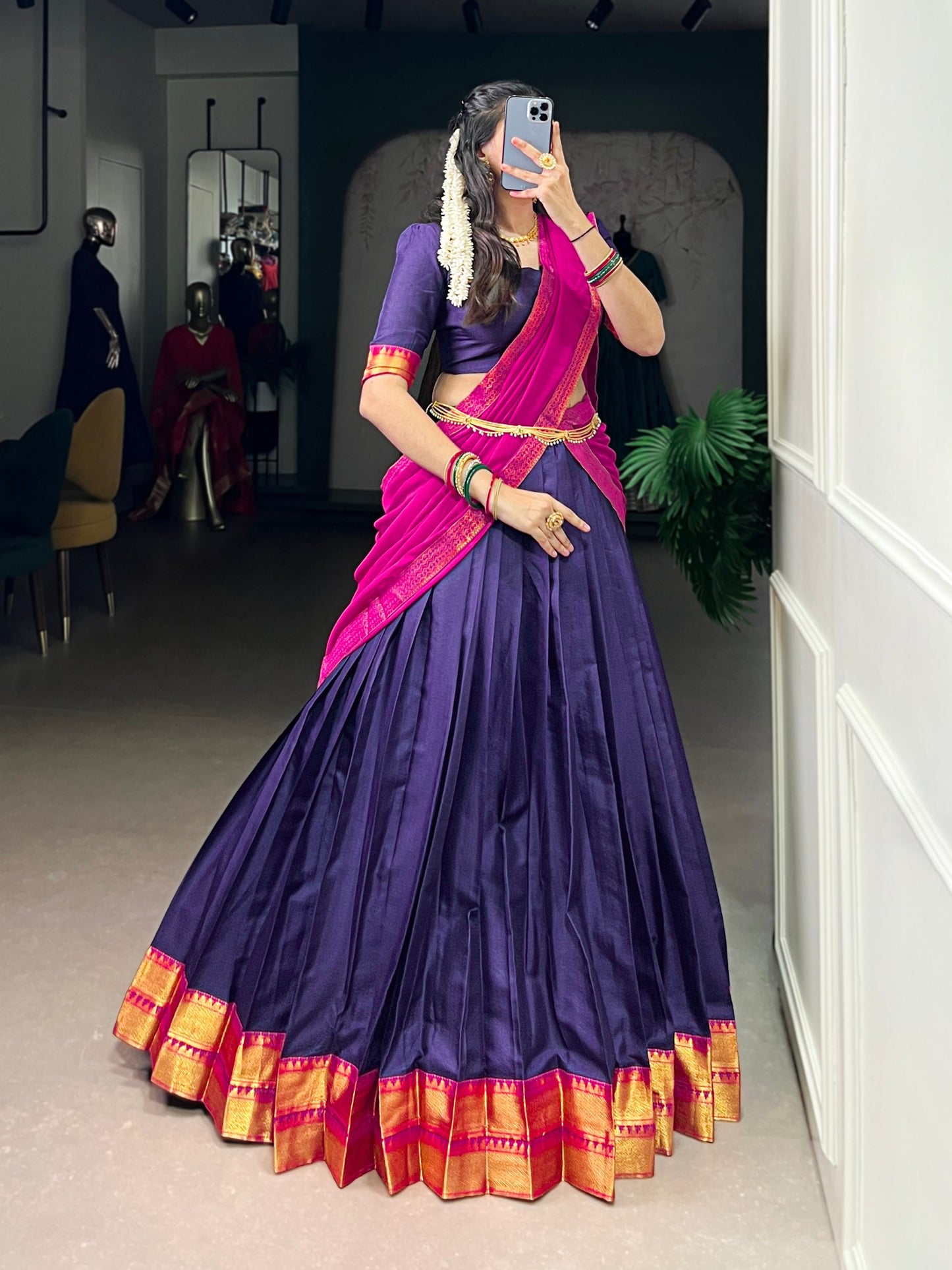 Navy blue poly cotton zari weaving work lehenga, blouse and dupatta