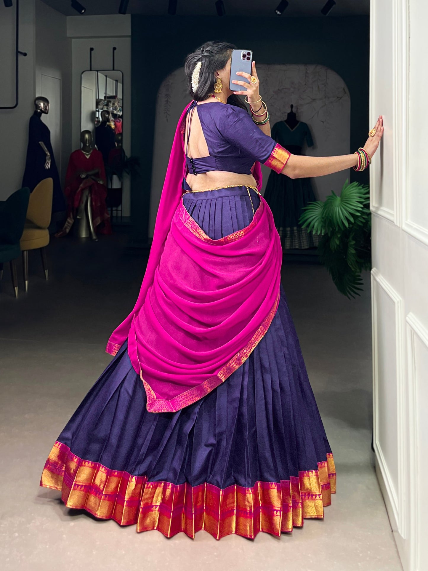 Navy blue poly cotton zari weaving work lehenga, blouse and dupatta