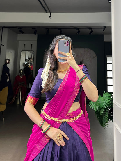 Navy blue poly cotton zari weaving work lehenga, blouse and dupatta