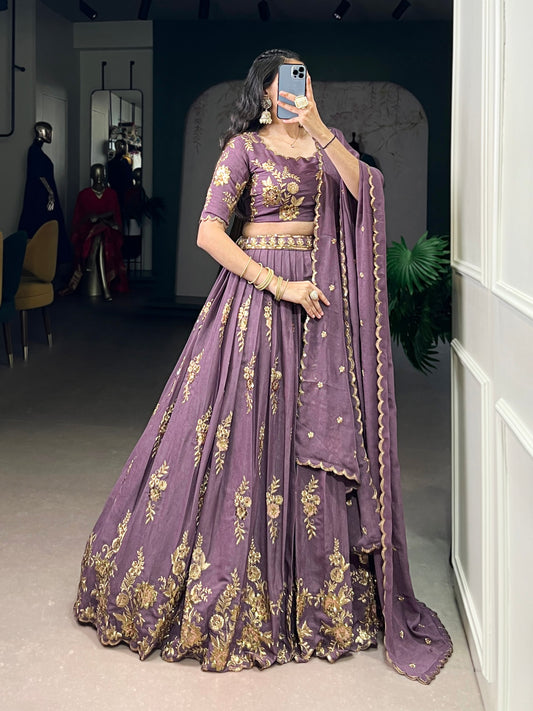 Purple chocolate crush thread embroidery work lehenga, blouse and dupatta