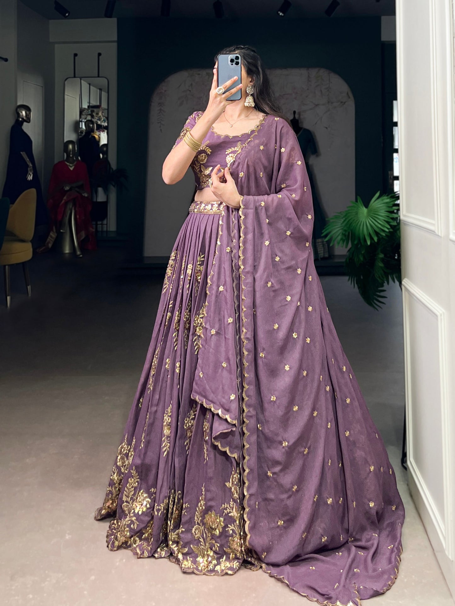 Purple chocolate crush thread embroidery work lehenga, blouse and dupatta