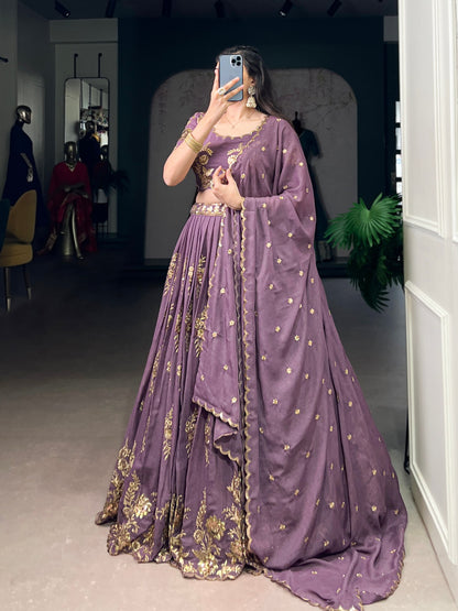 Purple chocolate crush thread embroidery work lehenga, blouse and dupatta