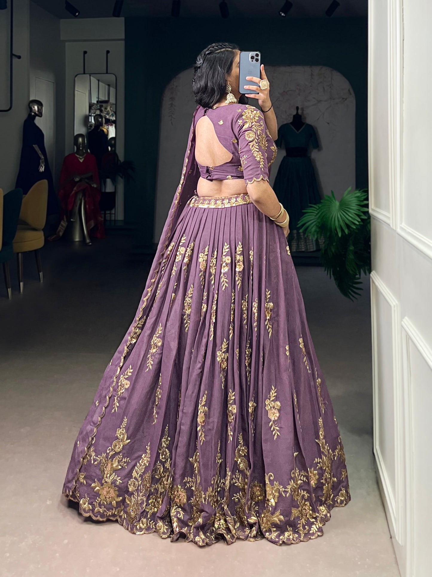 Purple chocolate crush thread embroidery work lehenga, blouse and dupatta