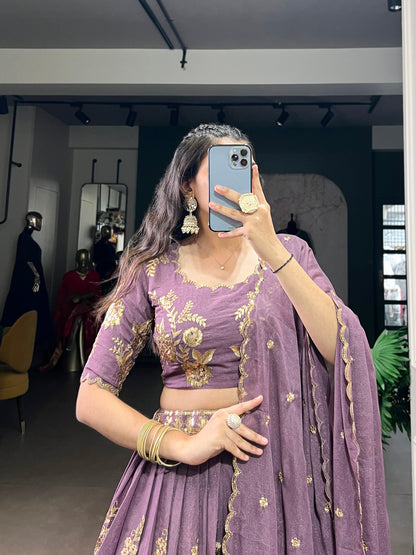 Purple chocolate crush thread embroidery work lehenga, blouse and dupatta