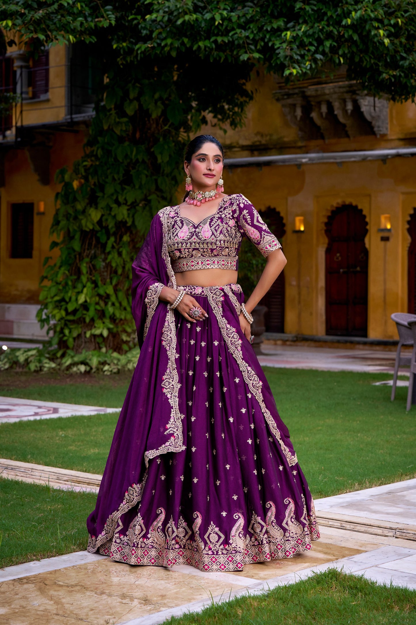 Purple rangoli crush thread embroidery work lehenga choli set