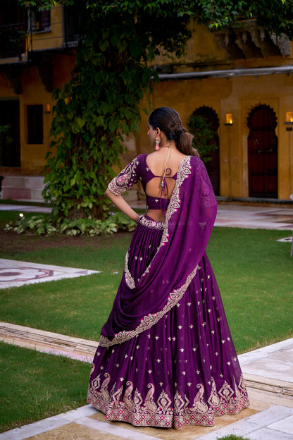 Purple rangoli crush thread embroidery work lehenga choli set