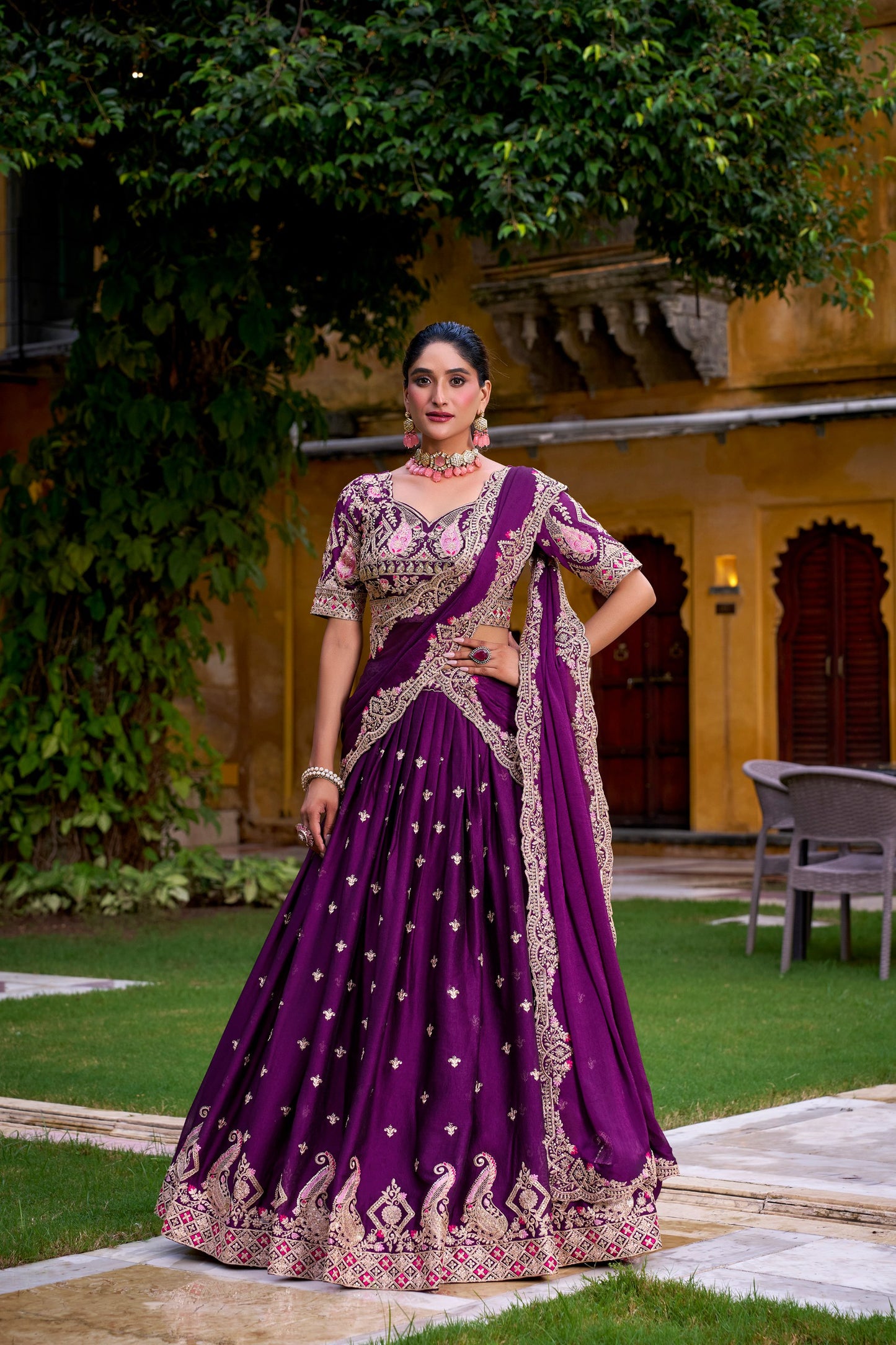 Purple rangoli crush thread embroidery work lehenga choli set