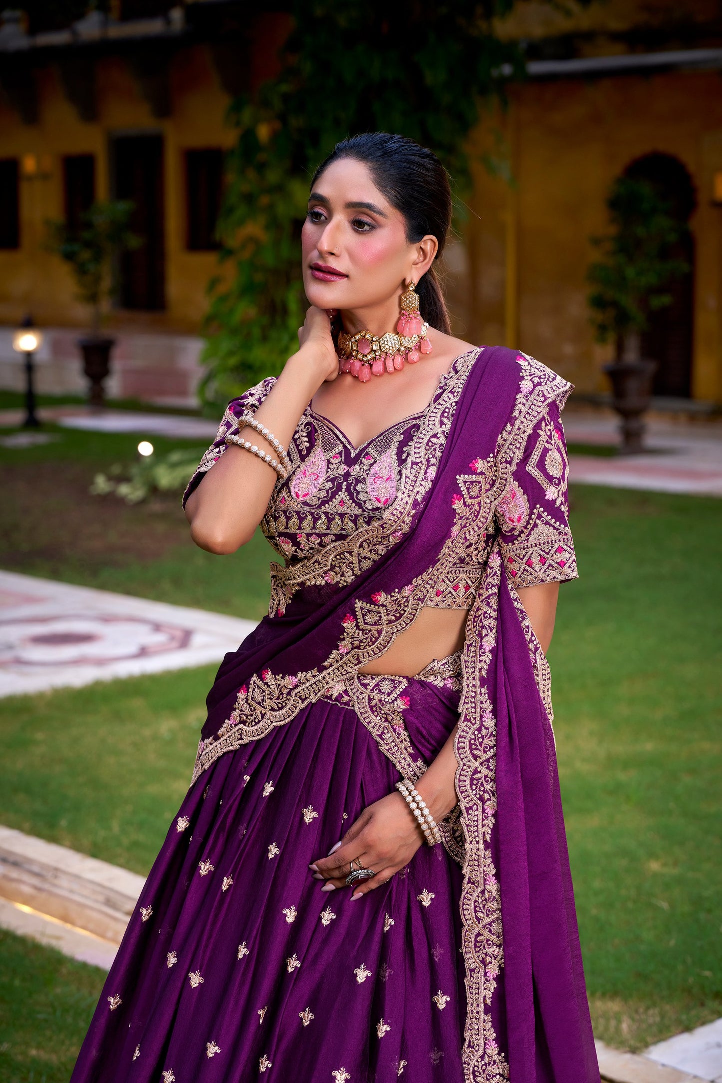 Purple rangoli crush thread embroidery work lehenga choli set