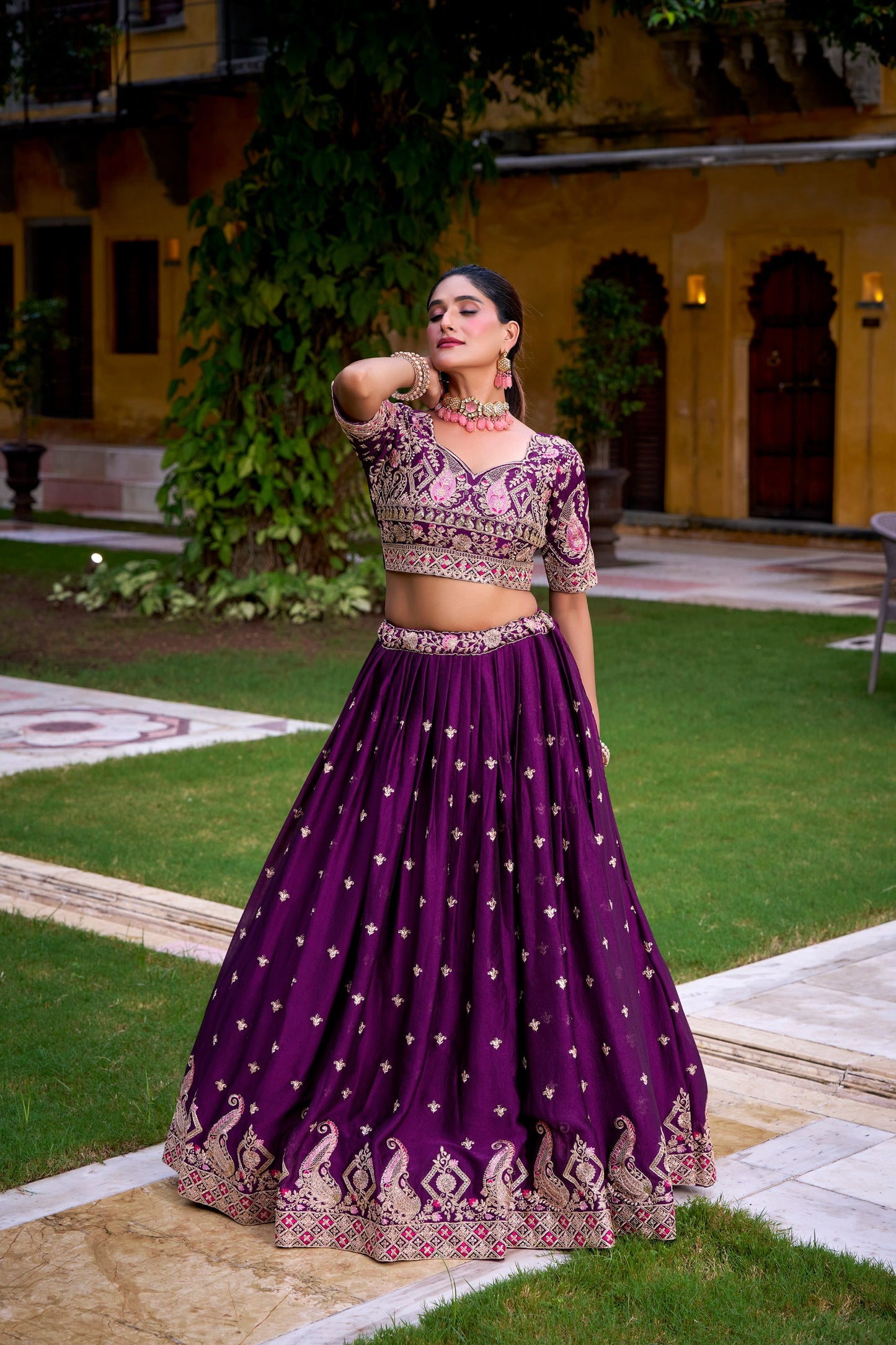 Purple rangoli crush thread embroidery work lehenga choli set