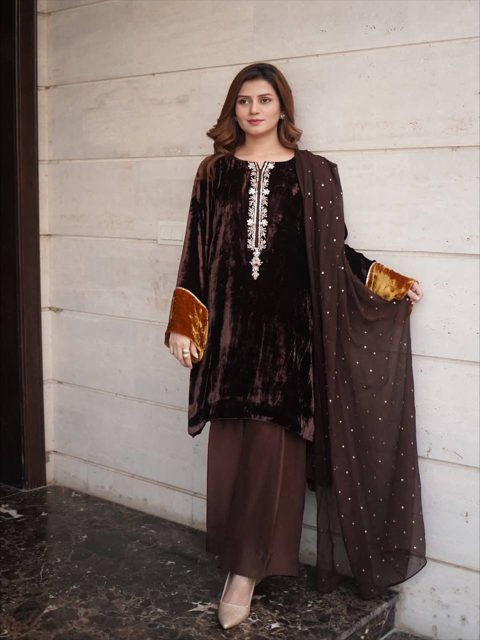 Designer Winter Velvet Plazzo Three Piece Set Women Embroidery Style
