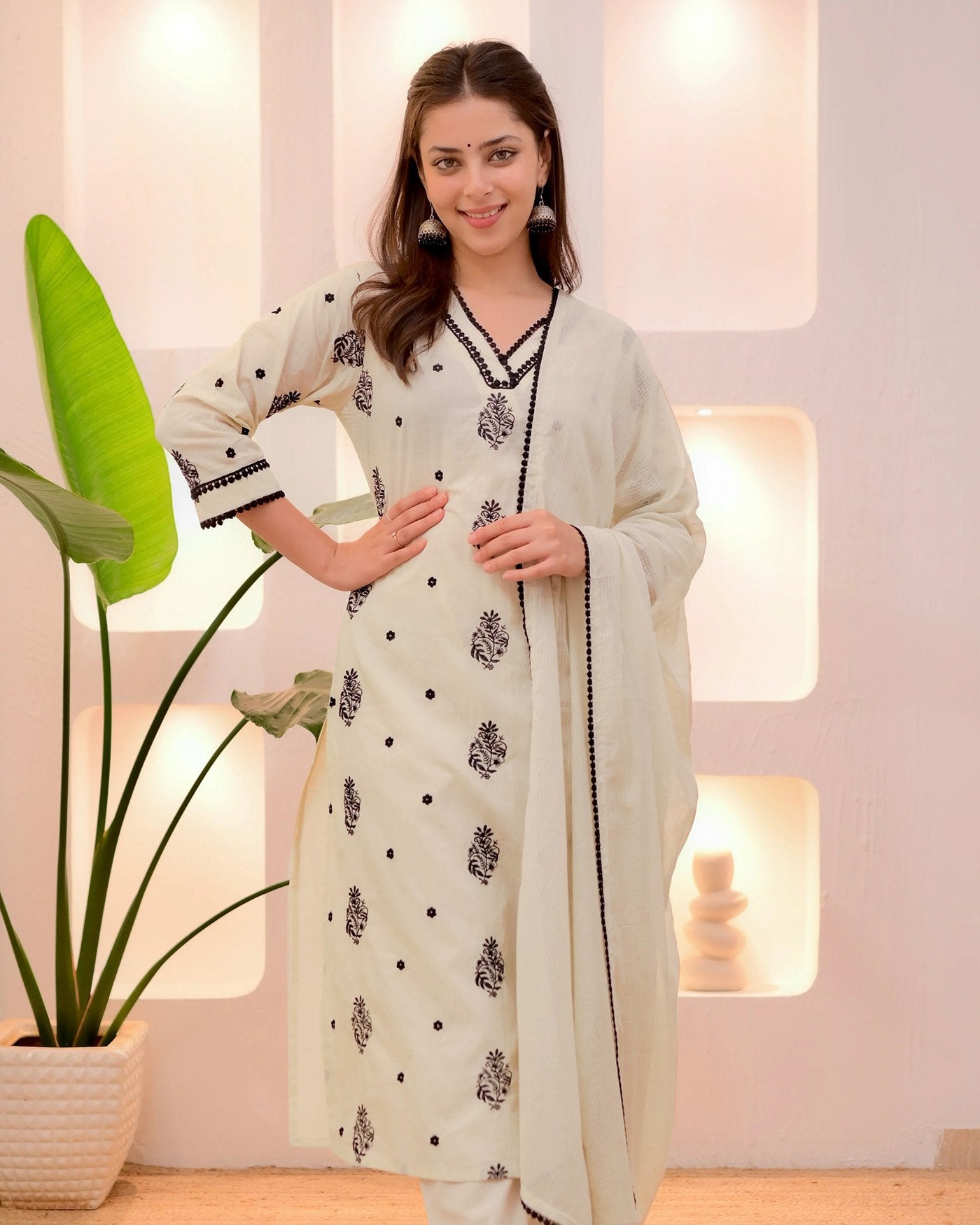 White tesla embroidered work top-bottom and dupatta