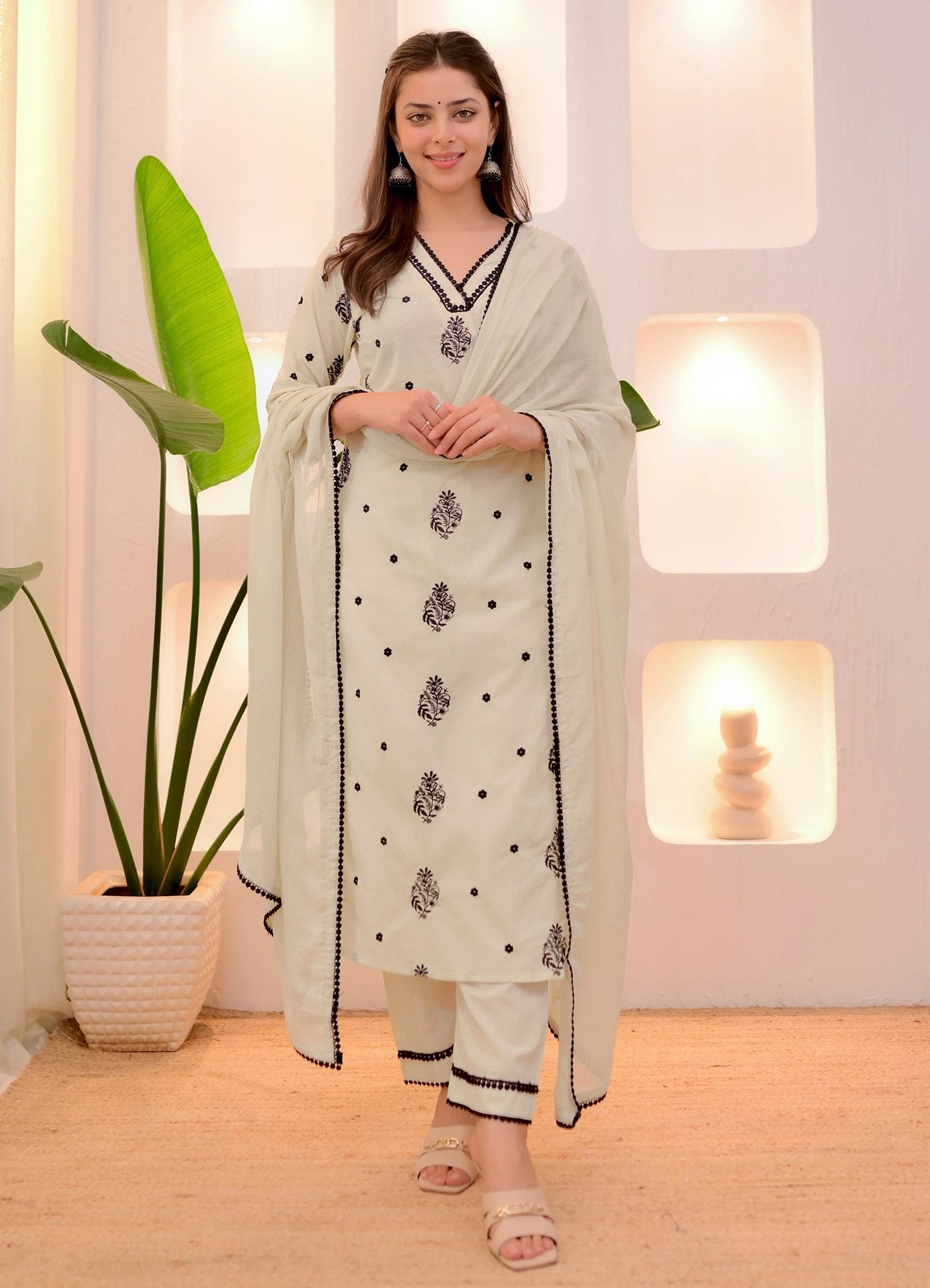 White tesla embroidered work top-bottom and dupatta
