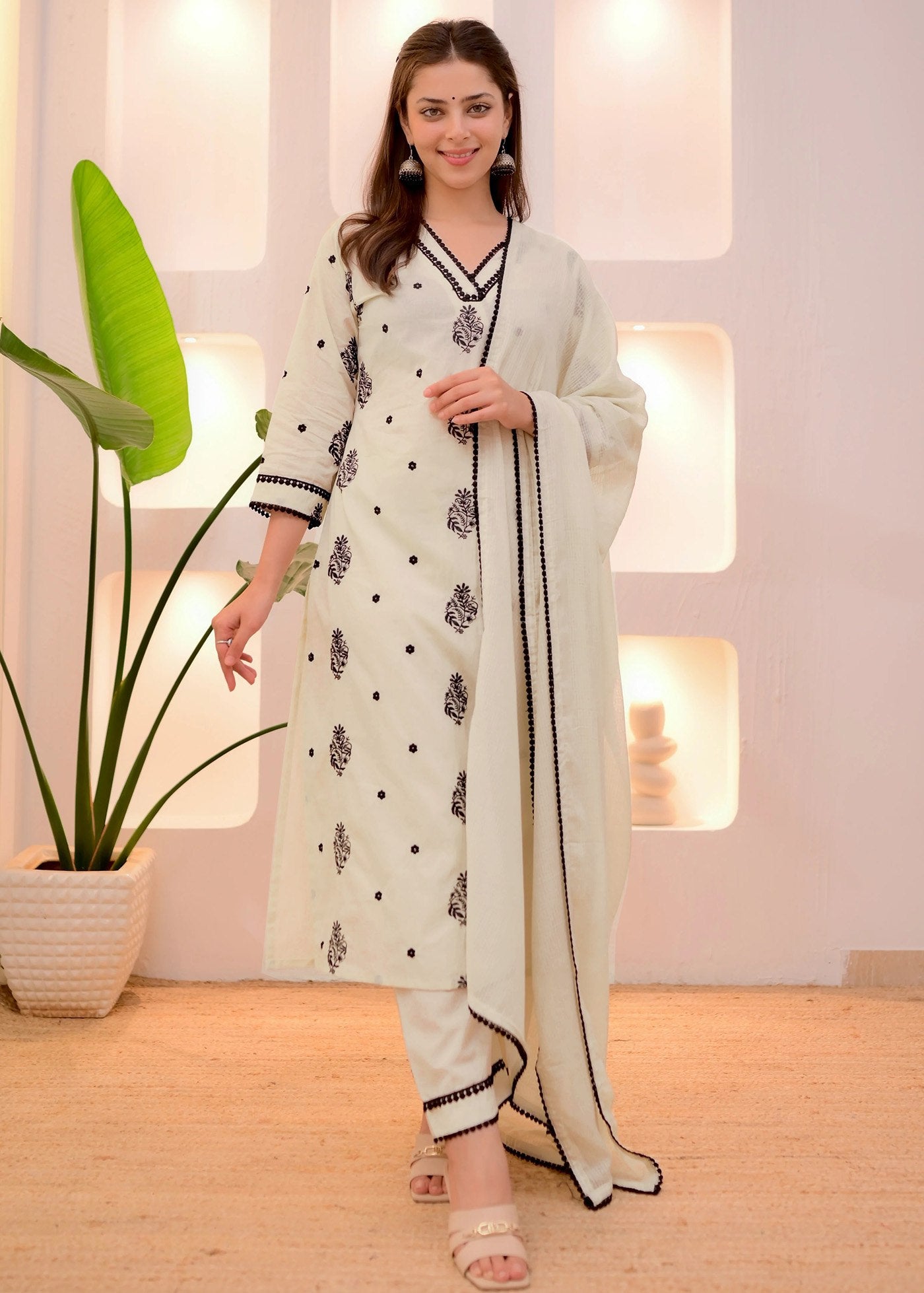 White tesla embroidered work top-bottom and dupatta