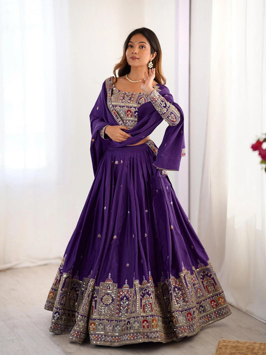 Purple chinon embellished semi stitched lehenga choli
