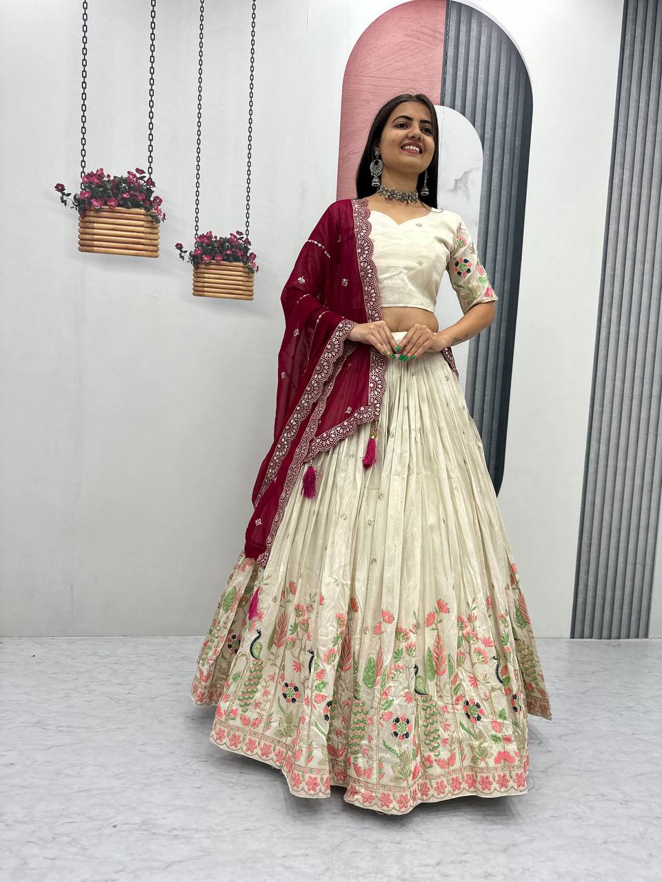 White tissue silk heavy thread & sequence work lehenga choli set