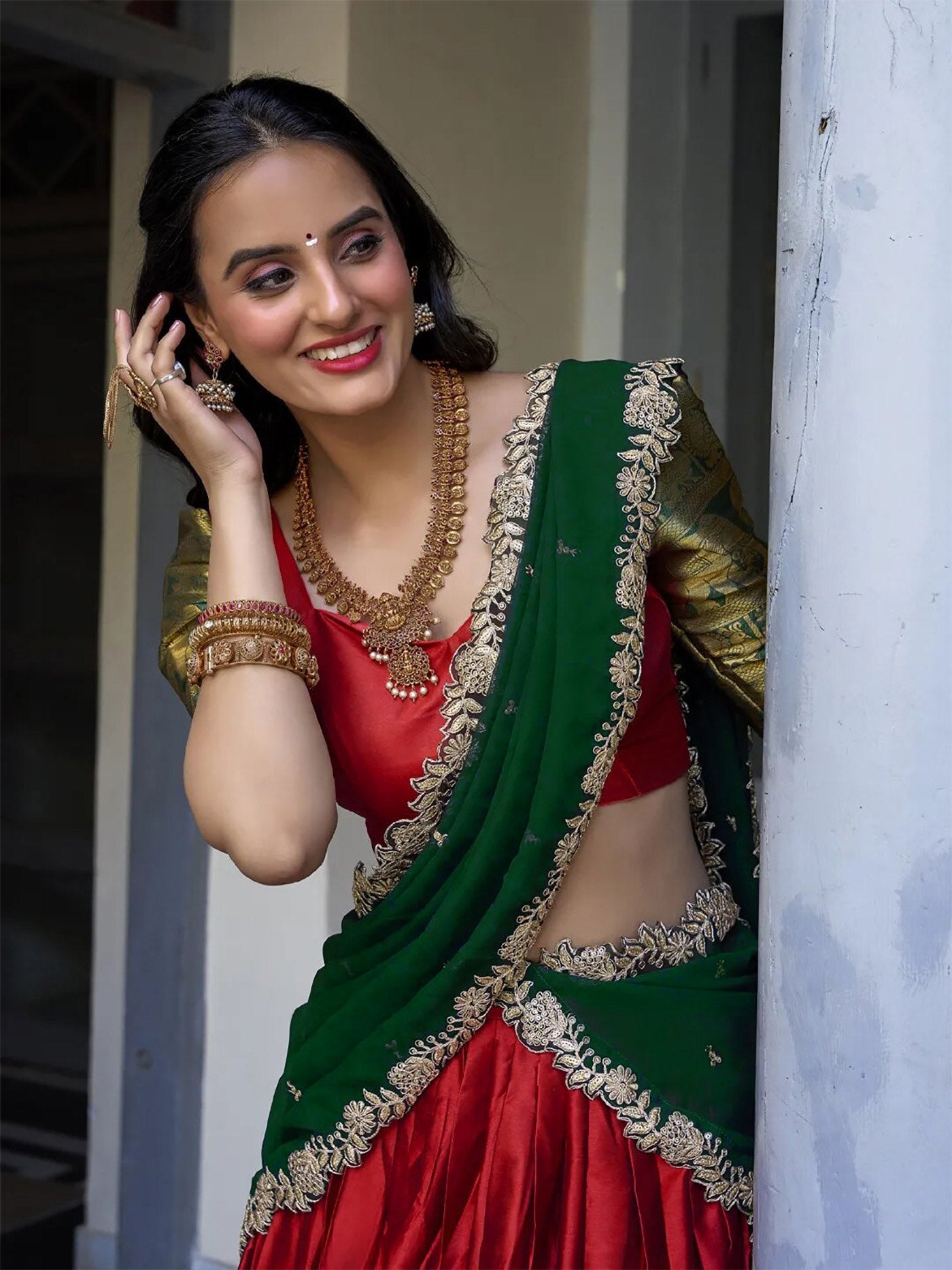 Red jacquard embroidered zari work semi stitched lehenga choli