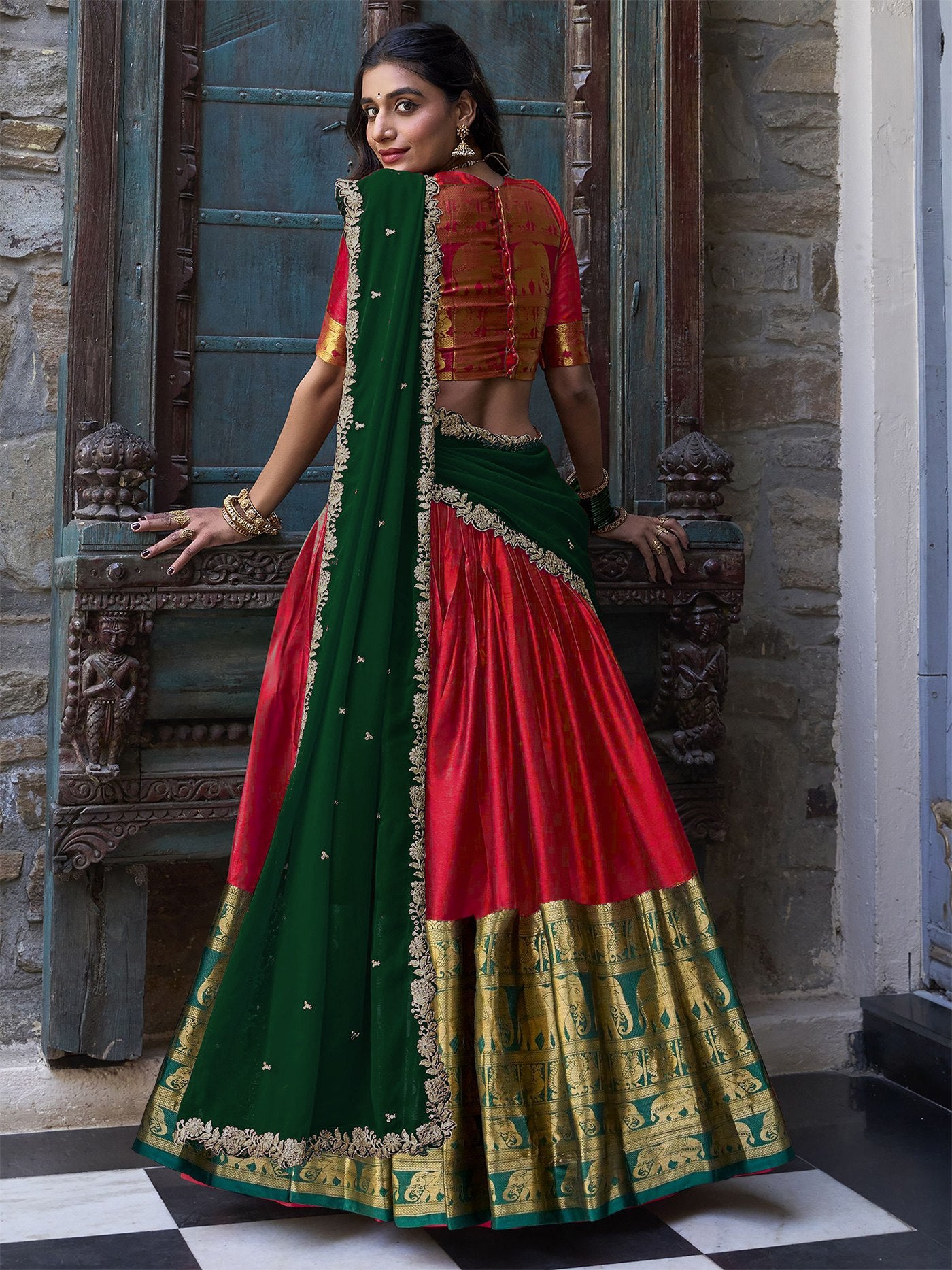 Red jacquard embroidered zari work semi stitched lehenga choli