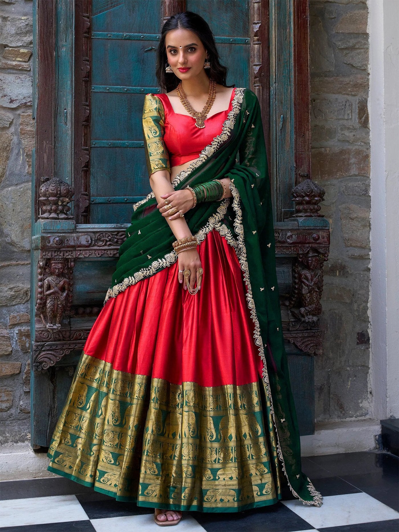 Red jacquard embroidered zari work semi stitched lehenga choli
