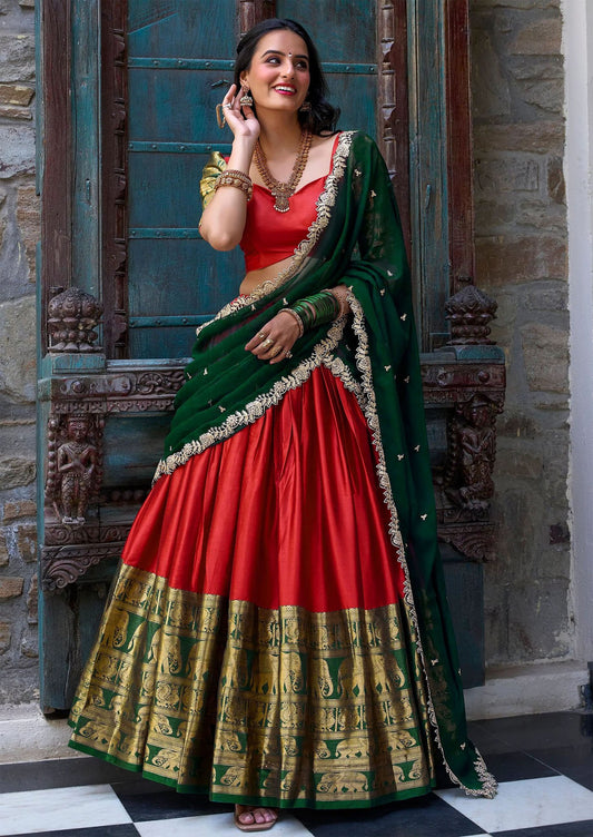 Red jacquard embroidered zari work semi stitched lehenga choli
