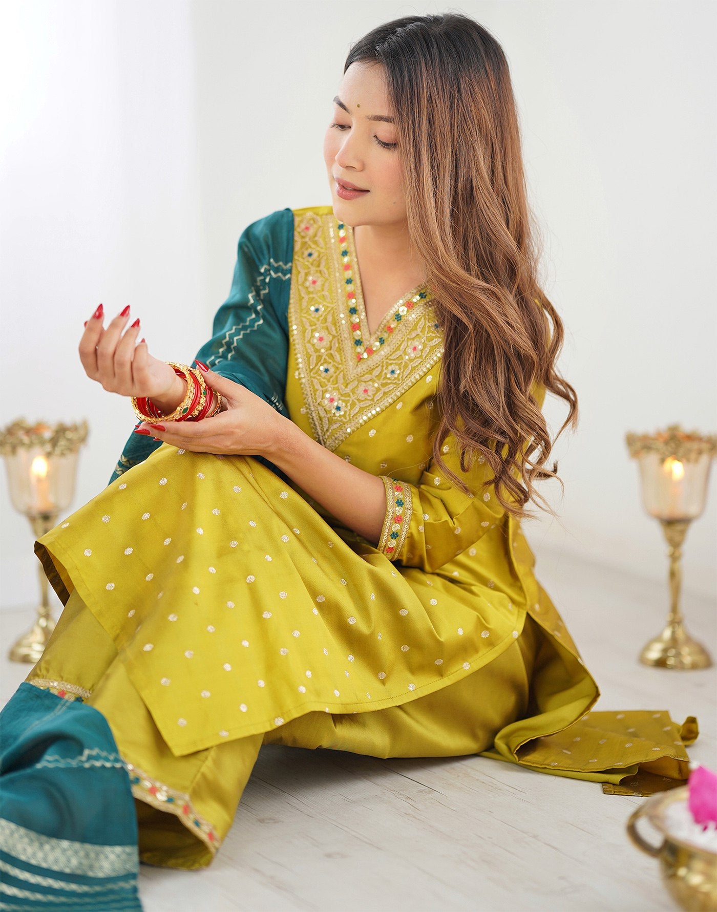 Yellow jacquard woven design women silk kurta pant dupatta set